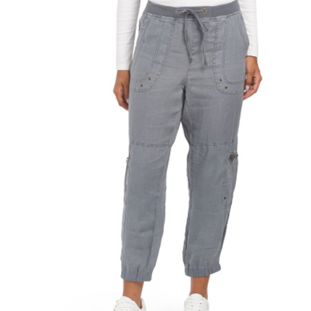 WEARABLES BY XCVI 100% Linen Malachi Banded Cargo Jogger Pants in Gray